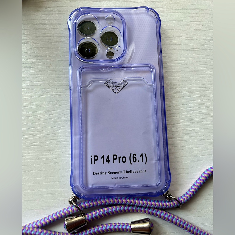 NWOT IPhone 14 Pro case built in card holder crossbody length lanyard purple